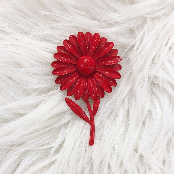 Vintage Cherry Red Enamel Floral Sunflower Brooch - Picture 2 of 7